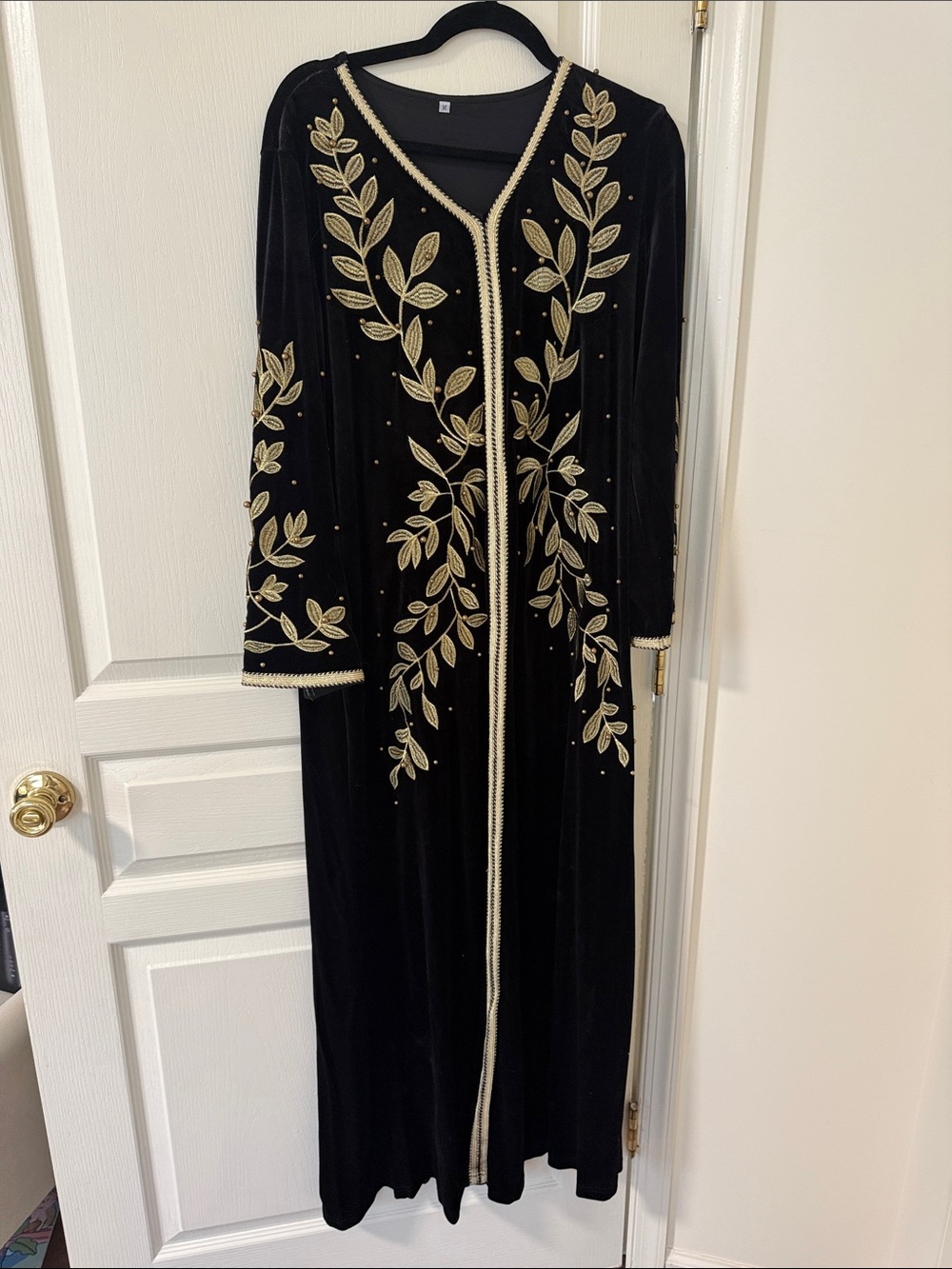 Embroidered Black Velvet kaftan with Gold Leaf Detail
